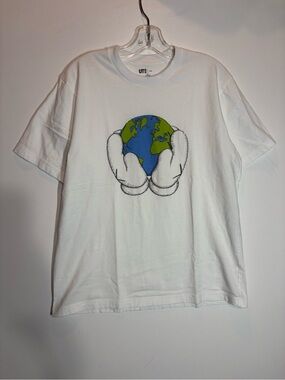 UT Uniqlo Kaws White Graphic Tee with Globe and Cartoon Hands
